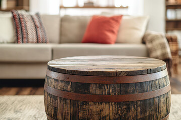 Rustic coffee table made from reclaimed wooden barrel in cozy living room