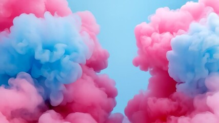 Pink and blue smoke clouds in bright sky, symbolizing gender reveal or Holi celebrations