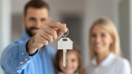 Real estate agent handing over house keys to happy family