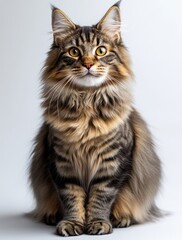 Obraz premium Majestic Maine Coon Cat with Striking Fur and Captivating Eyes Posing Gracefully Against a Soft White Background