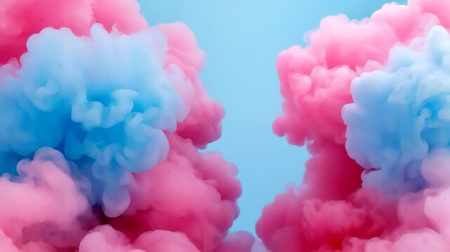 Pink and blue smoke clouds in bright sky, symbolizing gender reveal or Holi celebrations