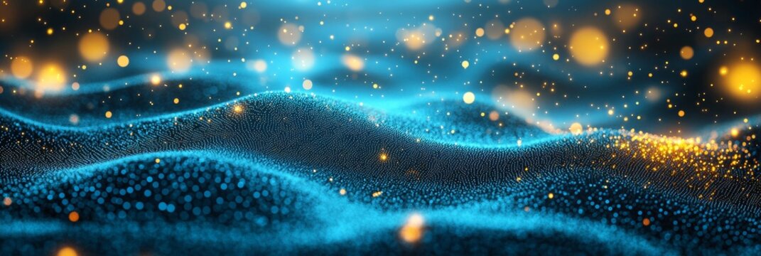 Abstract Glowing Blue Wavy Landscape with Glitter Particles Background with Depth Of Field DOF
