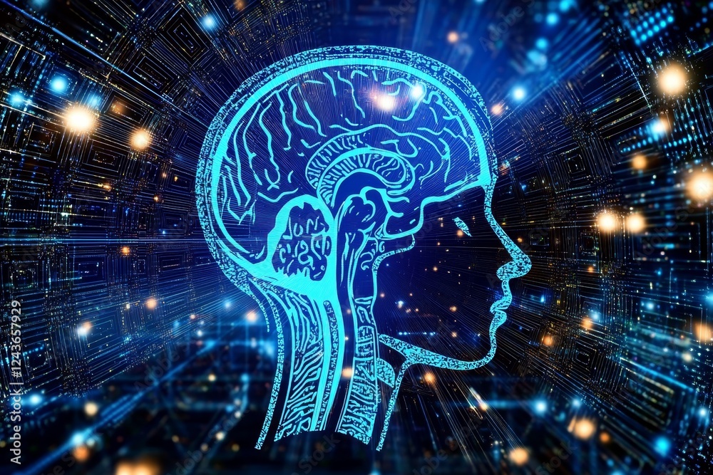 Poster artificial intelligence, brain with network connection. machine learning, digital technology.