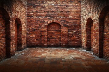 Obraz premium Old Red Brick Wall Interior with Arched Openings and Cobblestone Floor, Ideal for Background, Architecture, and Vintage Design Projects
