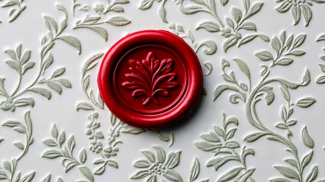 Red wax seal with floral emblem on embossed paper, symbolizing elegance and tradition