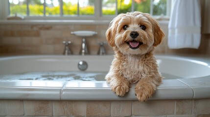 Happy dog bath time, luxury home, bubbles