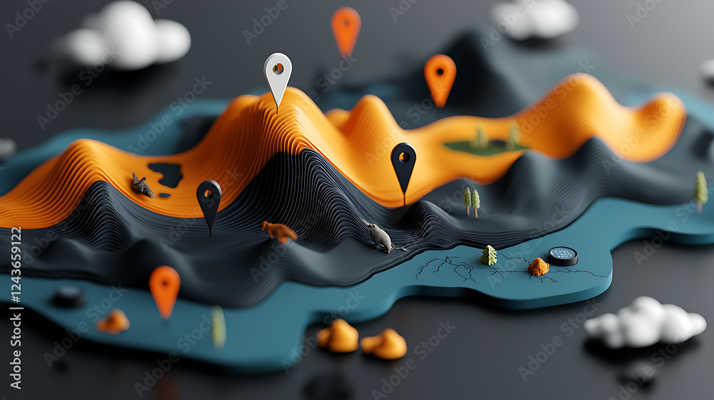 Poster exploring geographical concepts a 3d map representation with location pins creative design modern en