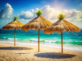 Fototapeta premium Tropical Thatched Beach Umbrellas: Rustic Bamboo Sun Shade for Island Decor