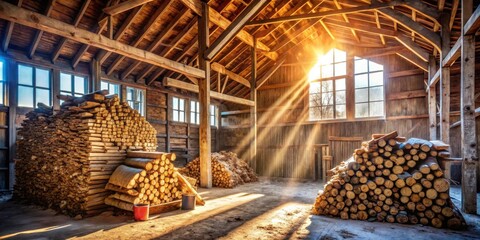 Rustic wooden barn interior filled with stacked lumber, sunbeams illuminating dust motes