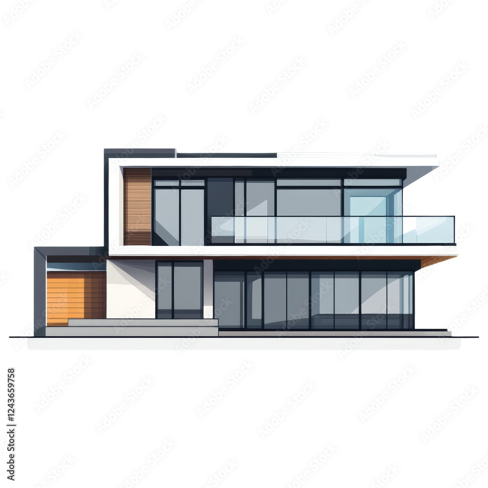 Poster a digitally rendered image showcasing the architectural design of a modern two story house with exte