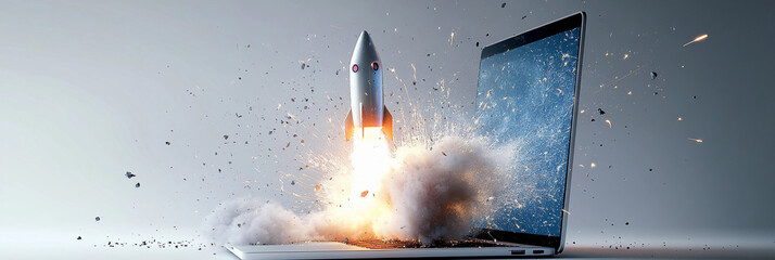 Rocket launches from laptop, symbolizing innovation