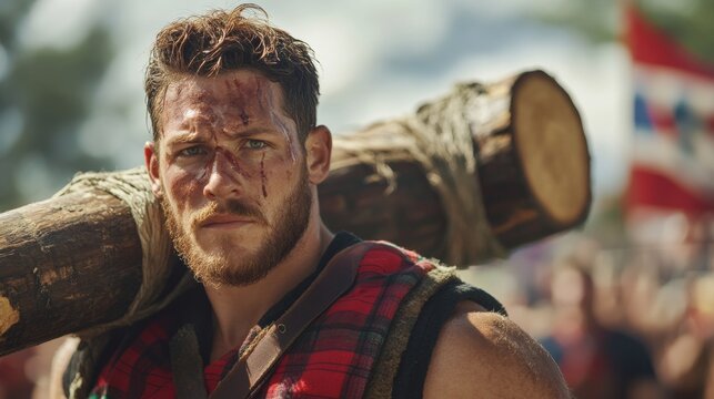 strong man carrying a heavy log at the english regional games