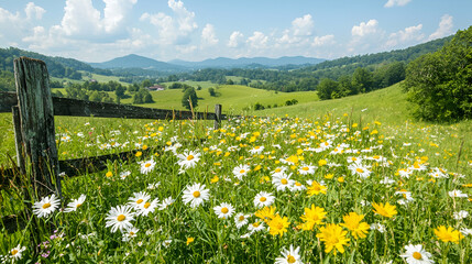 Fototapeta premium Wildflowers bloom in mountain valley pasture