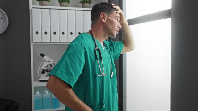 Young man in hospital room wearing scrubs looks stressed by window indicating a challenging workday in clinic environment showcasing medical professional's emotions