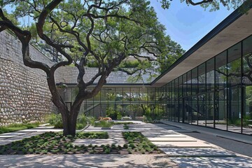 A modern architectural space featuring large glass walls and a prominent tree, integrating nature and design in a serene environment.