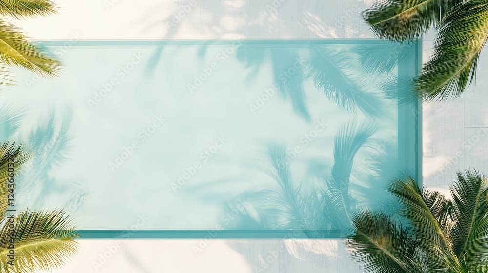 Poster palm trees cast shadows on the turquoise water of a swimming pool, creating a relaxing and luxurious