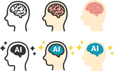 横顔と脳と人工知能（AI）のアイコンのイラストセット