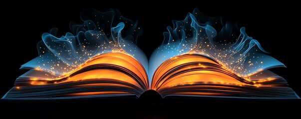 Glowing pages of an open book, representing the power of knowledge, imagination, and creative education to transform minds and expand horizons