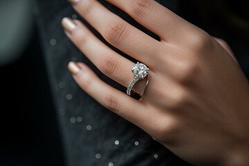 Close up of a woman's hand with a beautiful diamond ring, showcasing luxury and style