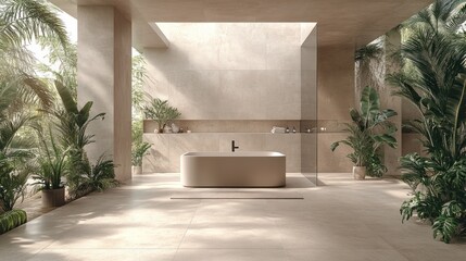 Modern beige bathroom with outdoor garden view, sunlight streaming in