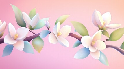 Naklejka premium Elegant White Flowers on Soft Pink Background with Green Leaves