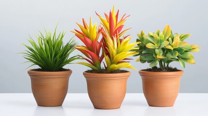 Obraz premium Three Potted Plants on White Table - Three terracotta pots containing vibrant green, yellow, and red artificial plants sit on a white surface against a light gray background.