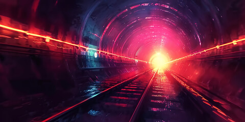 A vibrant, illuminated train tunnel with glowing light at the end, highlighting the wet tracks and colorful reflections on the walls.

