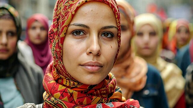 Demonstrators rally peacefully for feminism and women's rights in a vibrant urban setting