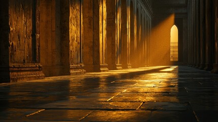 Ancient colonnaded hallway, sunbeam,  light rays,  empty space