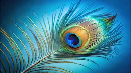 Obraz premium A Single Vibrant Peacock Feather Against a Smooth Blue Background