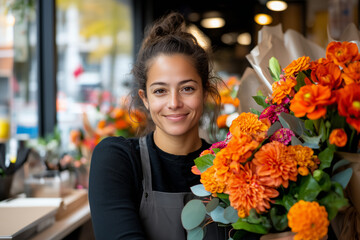 Smiling Florist Holding a Vibrant Orange Flower Bouquet