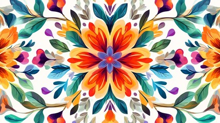 Symmetrical Floral Pattern with Geometric Motifs and Vibrant Colors for Design