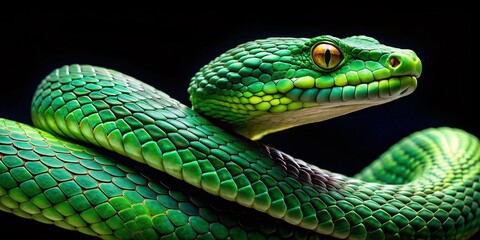 Fototapeta premium Venomous Green Viper Snake on Black Background - Stock Photo