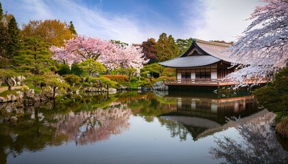 Fototapeta premium serene japanese inspired tea house nestled in a spring garden reflecting in a calm pond cherry blossoms add vibrant color to the tranquil scene peaceful escape