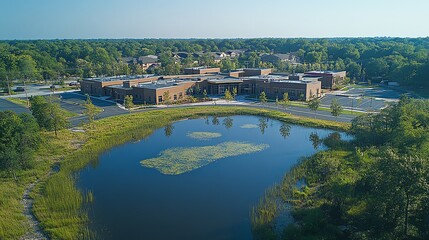 A serene aerial view of a modern building complex surrounded by green trees and a tranquil pond, showcasing a peaceful blend of nature and architecture.