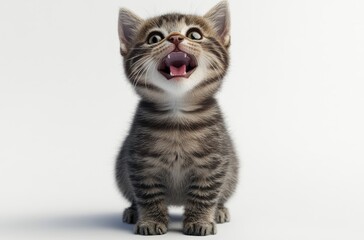 Playful cute kitten with striped fur and bright eyes, looking up and meowing joyfully against a simple background for a heartwarming pet photography concept