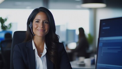 Obraz premium Smiling Latina Business Professional Wearing a Headset, Providing Customer Support in a Modern Office Environment With a Computer Screen in the Foreground