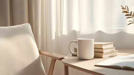 Sunlight streams into a room, illuminating a cozy corner with a mug, books, and a comfortable chair.