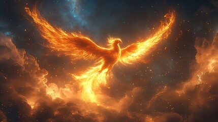 Fiery phoenix rising cosmic clouds, rebirth