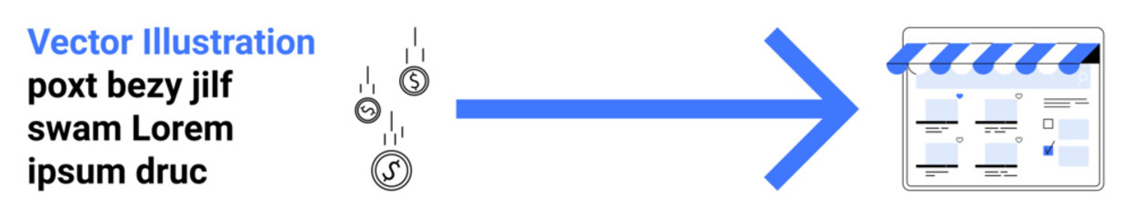 Obraz premium Coins falling towards a large blue arrow pointing to an online storefront. Ideal for digital business growth, financial investments, online shopping trends, technology, e-commerce, digital marketing