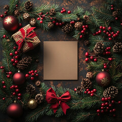 Rustic Christmas card mockup, gift, pine, berries, background