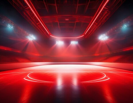 this is a red ice rink background with red neon lights and spotlights with smoke it can be used for hockey competitions and winter posters ice skating stadium stock created from a red background - Powered by Adobe