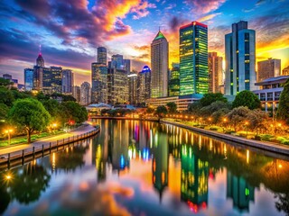 Obraz premium Vibrant City Dusk: Skyline, Lights, Water Reflection, Street Life, Modern Architecture