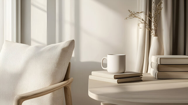 Peaceful morning scene: a cozy chair, a cup of coffee, books, and dried flowers by a sunlit window.