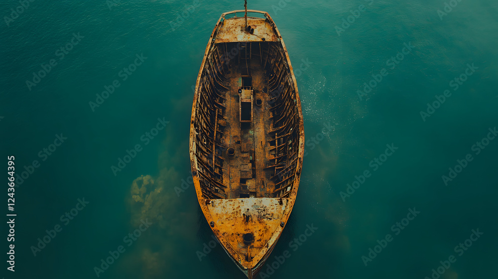 Poster aerial view of a weathered shipwreck resting on calm turquoise waters, showcasing rust and marine gr
