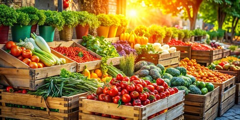 Obraz premium Vibrant Colorful Vegetable Market Stall, Fresh Produce, Farmers Market, Organic Vegetables, Abundant Harvest