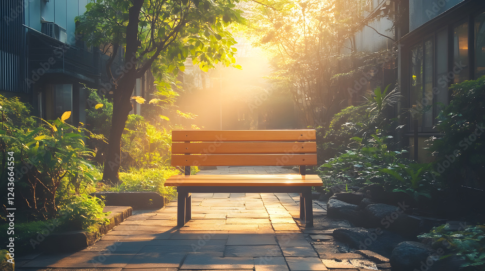 Poster a serene garden scene featuring a wooden bench surrounded by lush greenery, illuminated by soft sunl