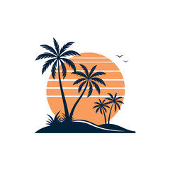 sunset palm tree silhouette vector line art logo design