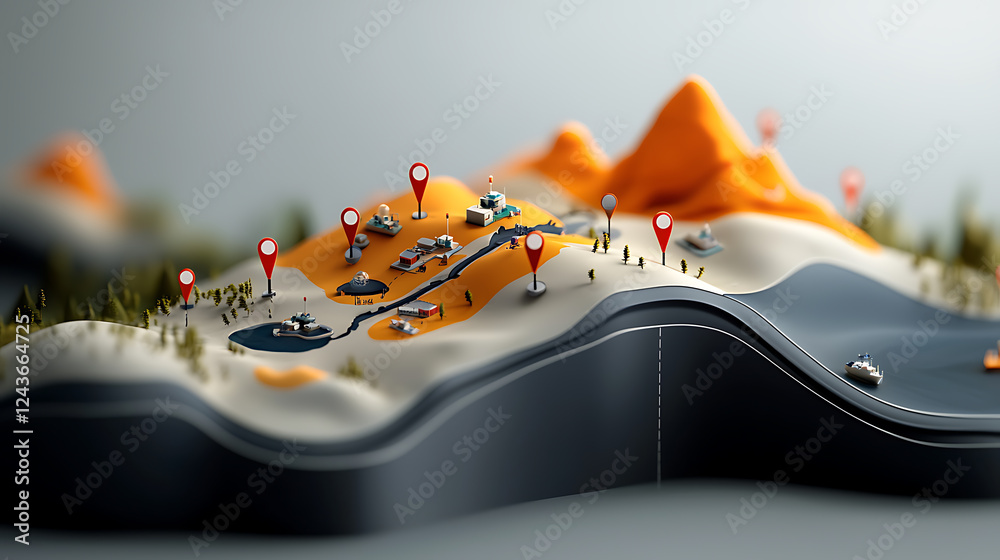 Poster Exploring geographic insights 3d map models with landmarks mountains and rivers digital environment close-up view data visualization concept