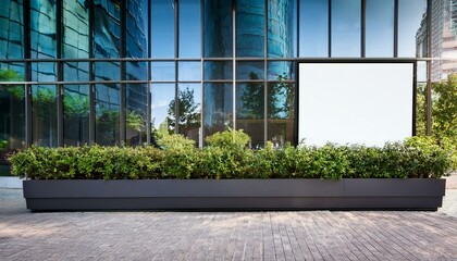 customizable outdoor signage mockup placed in front of a modern building with plants and glass windows